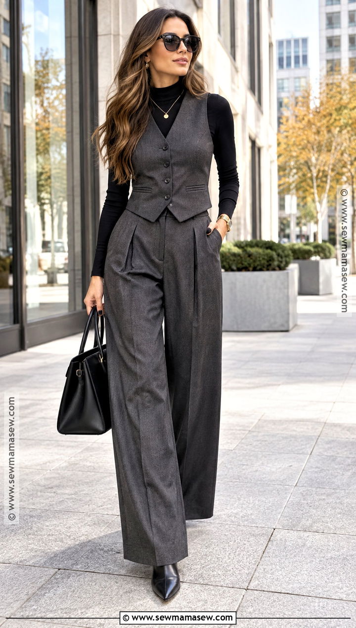 Cropped Tailored Vest With Wide Leg Trousers - 15 Fall Outfits Cropped Vest