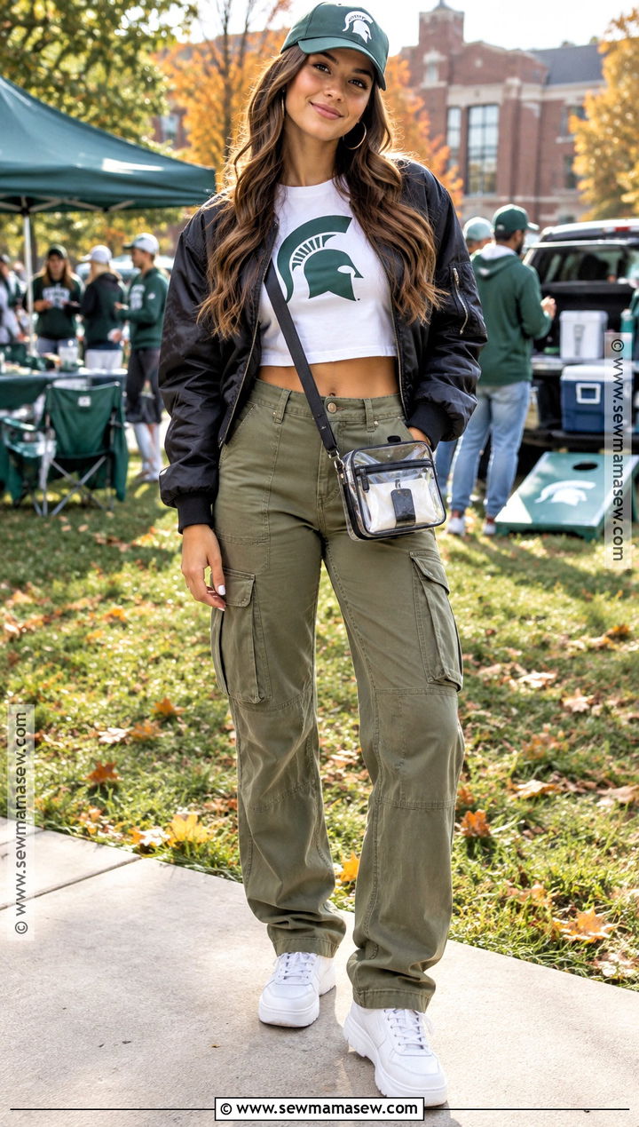 Cropped Team Tee With Cargo Pants And Sneakers - 25 college football game outfit fall ideas
