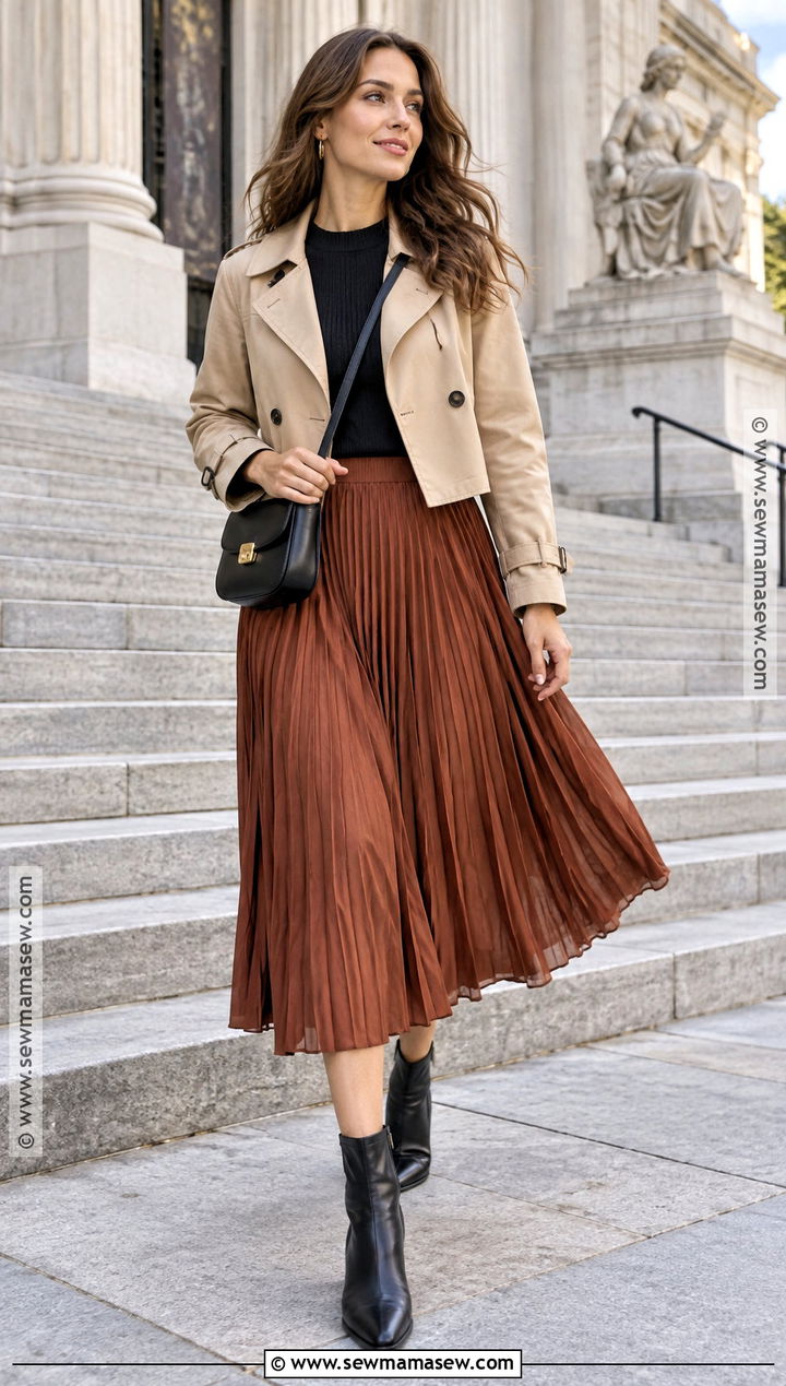 Cropped Trench Coat With Pleated Skirt And Boots - 25 fall coat ideas
