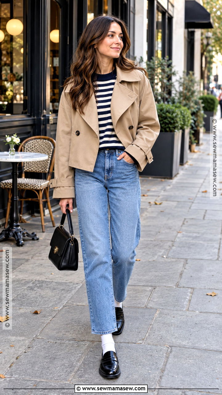 Cropped Trench Coat With Striped Sweater And Jeans - 20 fall outfit trench coat ideas
