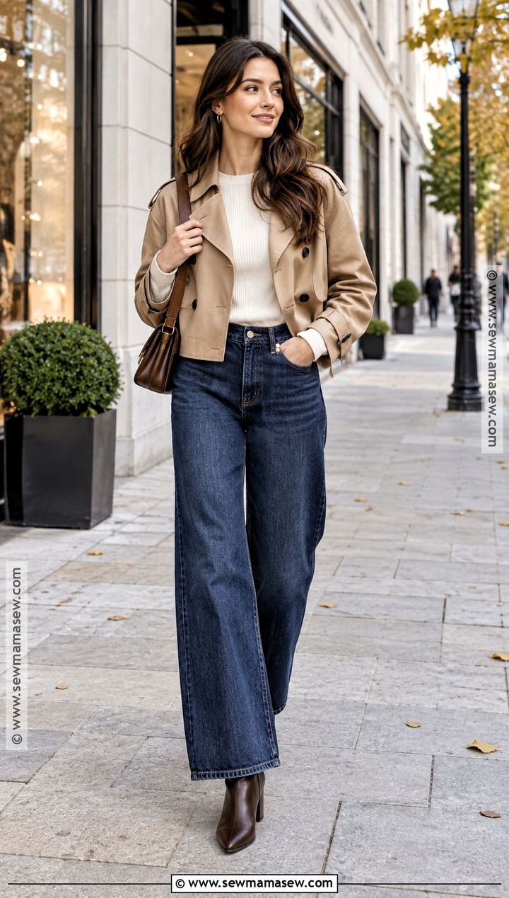 Cropped Trench Coat With Sweater And Wide Leg Jeans - 25 trench coat outfit fall ideas