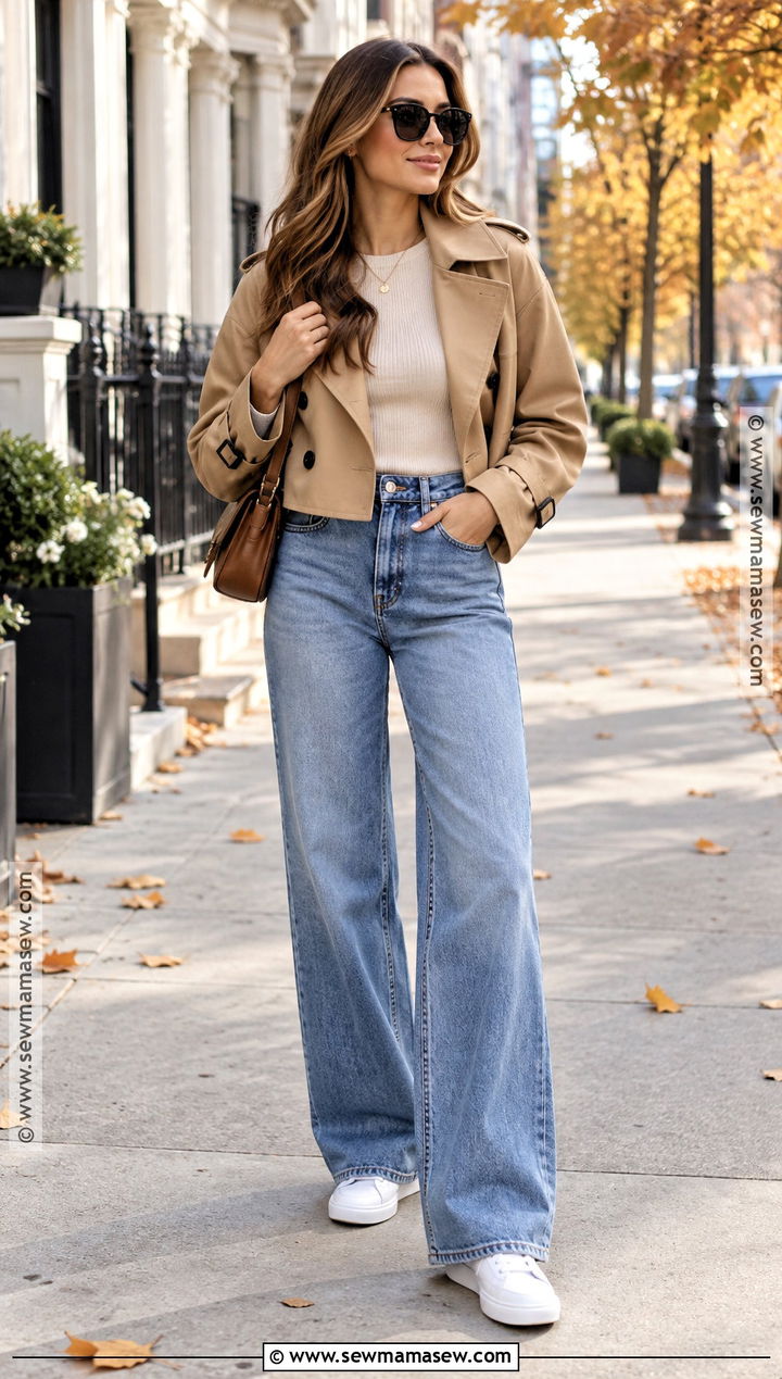 Cropped Trench Coat With Wide Leg Jeans - 20 Fall Outfits Coat