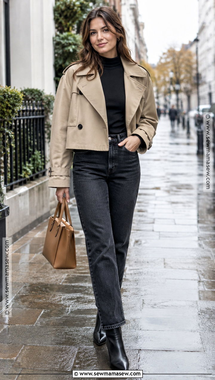 Cropped Trench Jacket With Dark Denim - 15 fall jacket trends