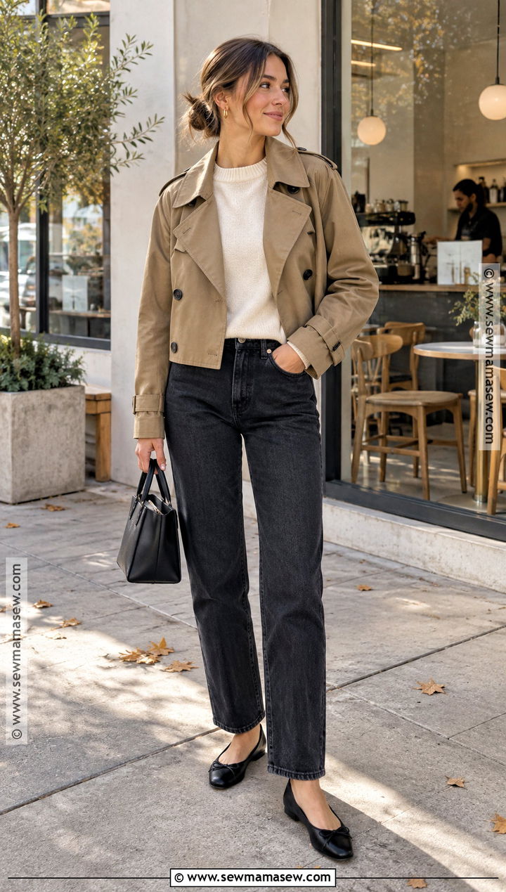 Cropped Trench Jacket With Straight Leg Jeans - 15 affordable fall fashion jackets
