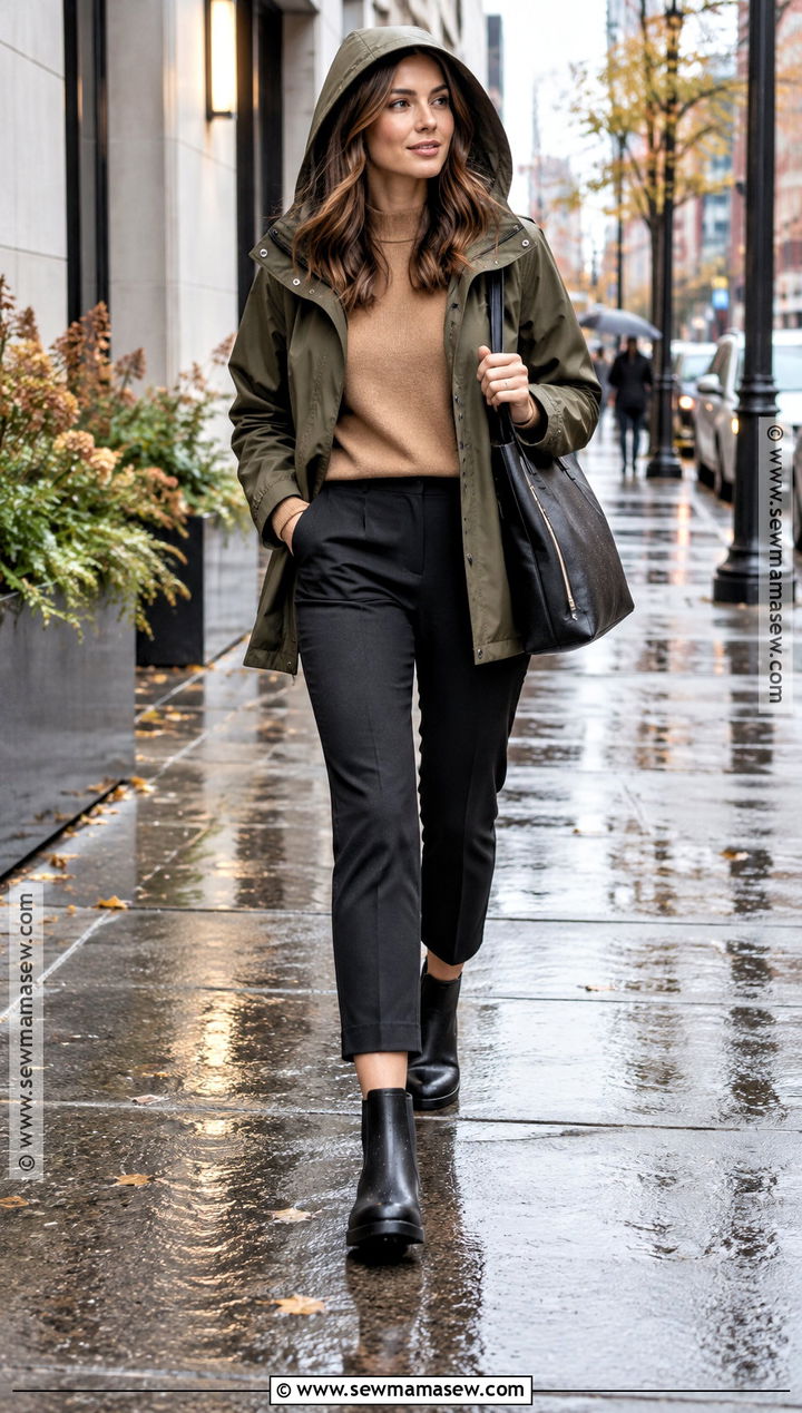 Cropped Trousers Short Raincoat And Ankle Boots Outfit - 25 autumn rainy day outfit ideas