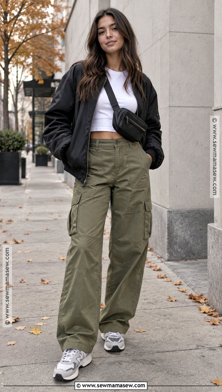 Cropped Tshirt With Cargo Pants And Bomber Jacket - 20 fall tshirt ideas