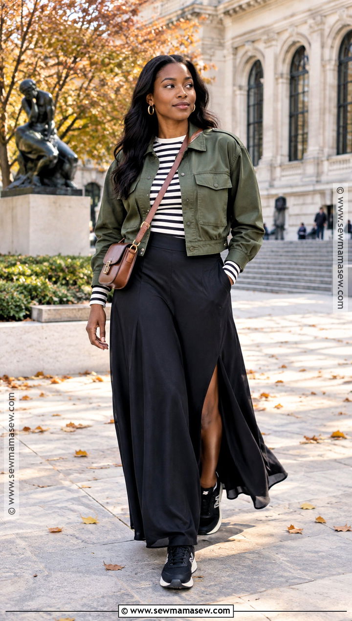 Cropped Utility Jacket and Black Maxi Skirt Fall Outfit - 25 casual fall outfits for black women