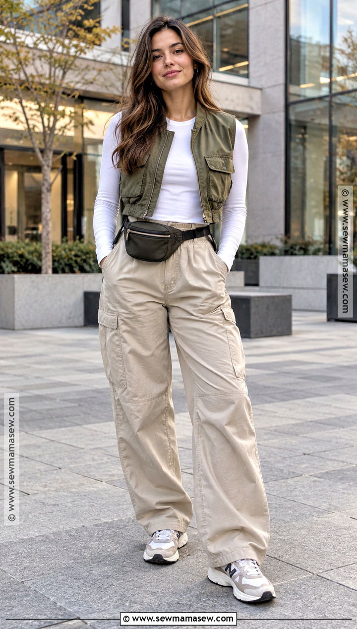 Cropped Utility Vest With Long Sleeve Tee And Parachute Pants - 20 fall outfits with vest
