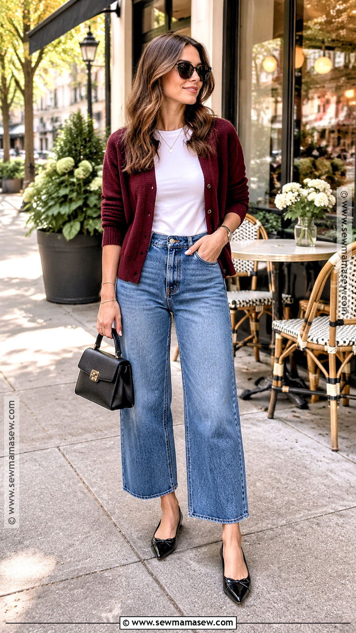 Cropped Wide Leg Jeans With Cardigan And Ballet Flats - 20 wide leg jeans outfit ideas fall