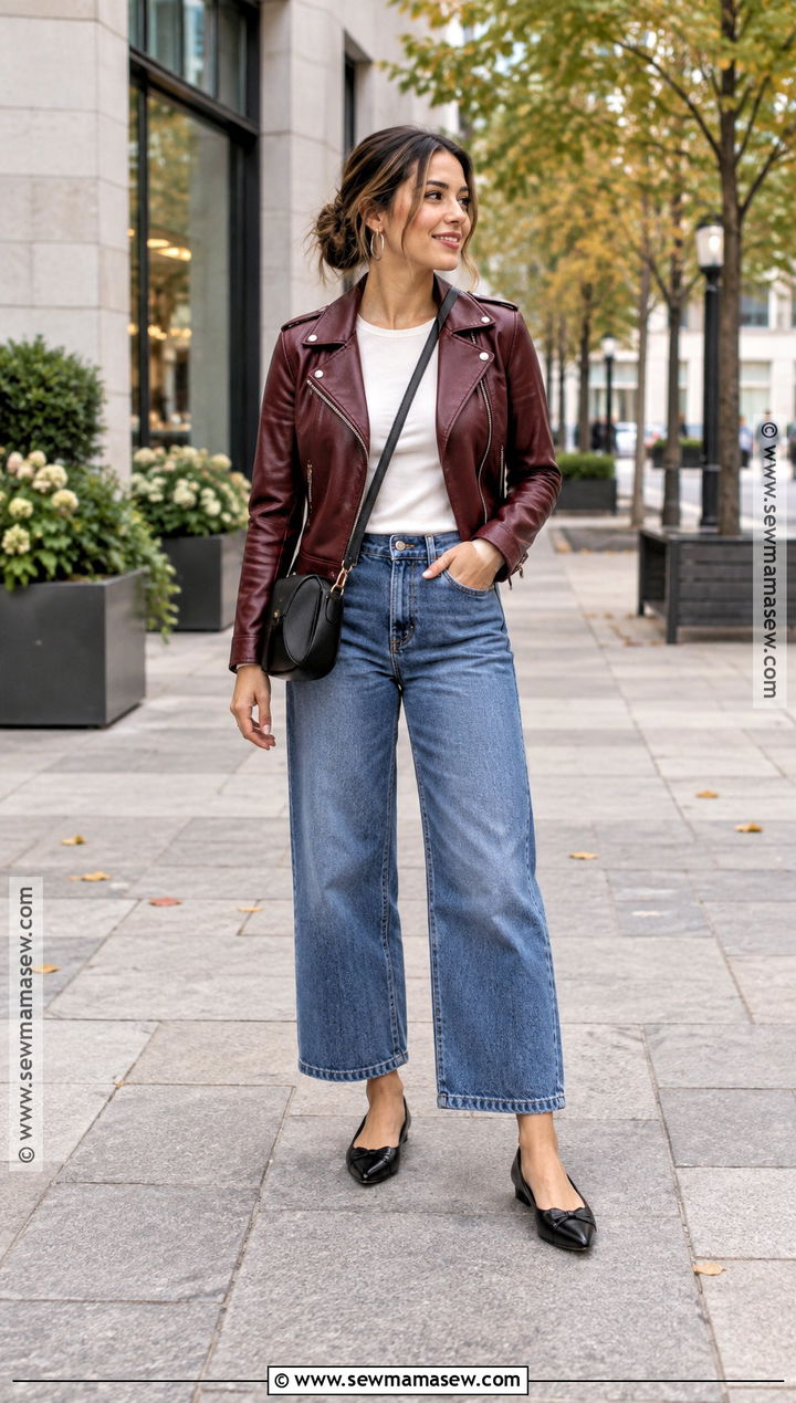 Cropped Wide Leg Jeans With Moto Jacket and Flats - 15 wide jeans fall outfit