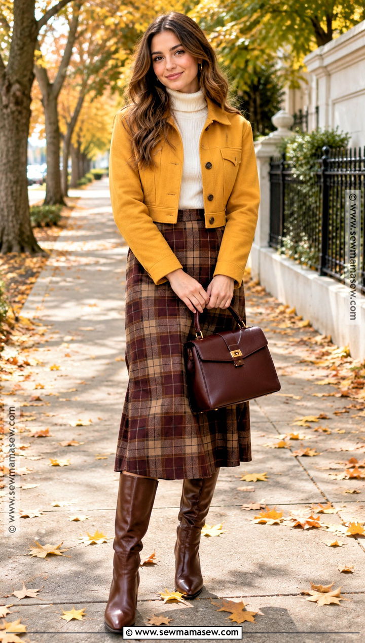 Cropped Yellow Jacket With Plaid Midi Skirt - 15 autumn yellow jacket ideas