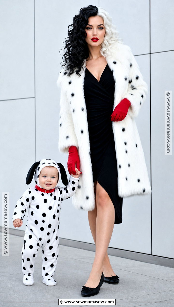 Cruella And Baby Dalmatian Costume - 35 mom and baby halloween costumes