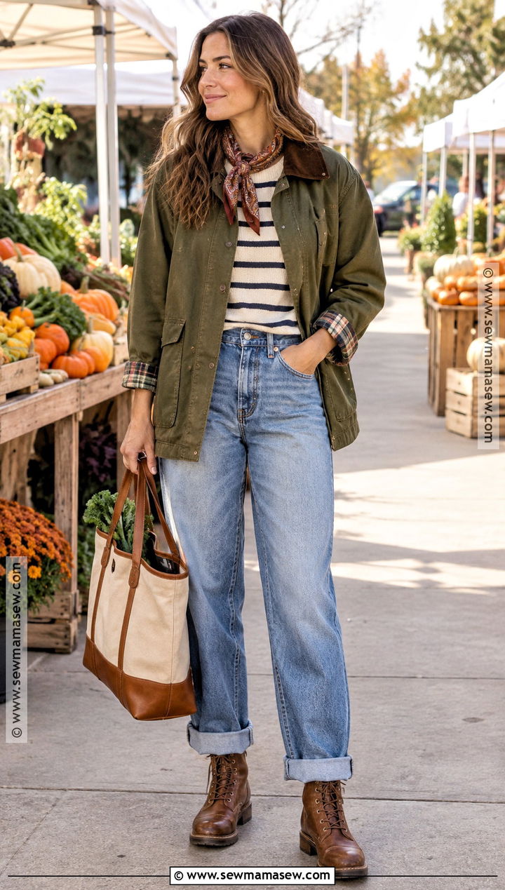 Cuffed Baggy Jeans With Barn Jacket And Boots - 20 Baggy Jeans Autumn Outfit
