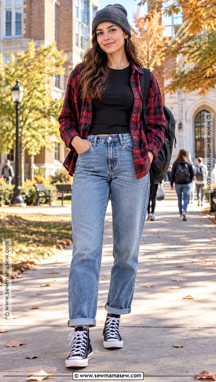 Cuffed Beanie With Flannel Shirt And Mom Jeans - 15 Back To School Hat Ideas