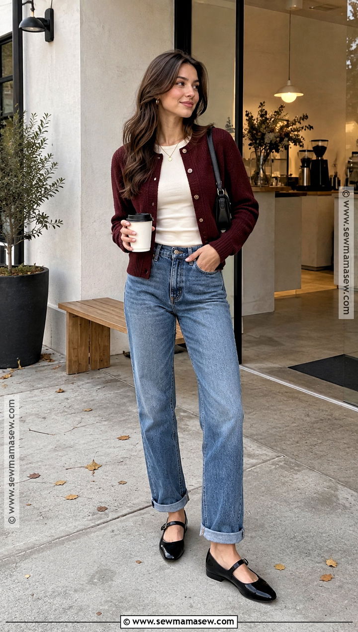 Cuffed Jean Outfit With Cropped Cardigan - 20 Cute Fall Jean Outfits