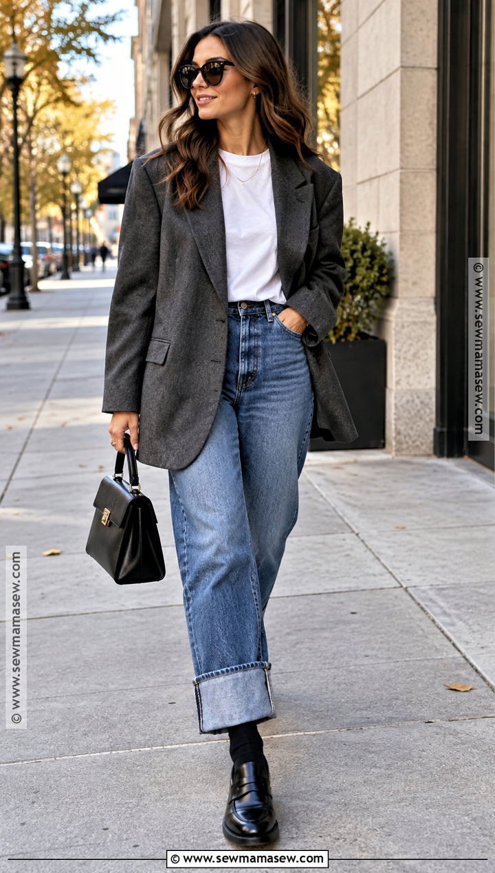 Cuffed Jeans With Blazer And Loafers - 20 jean outfits fall