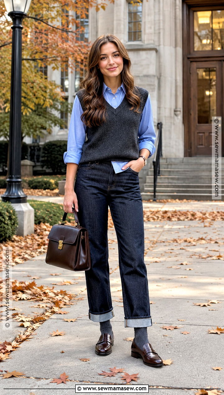 Cuffed Jeans With Button Down Shirt and Sweater Vest - 20 Fall Fashion Jeans