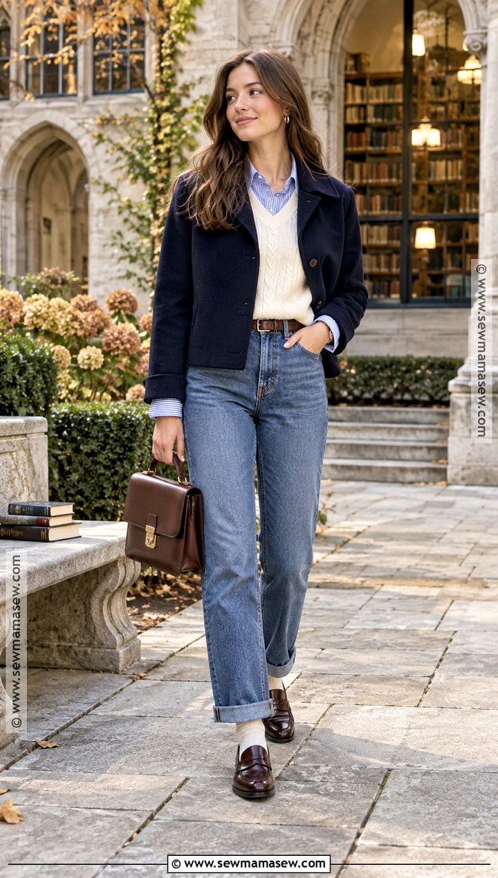 Cuffed Jeans With Button Down and Sweater Vest - 20 cute fall outfits with jeans
