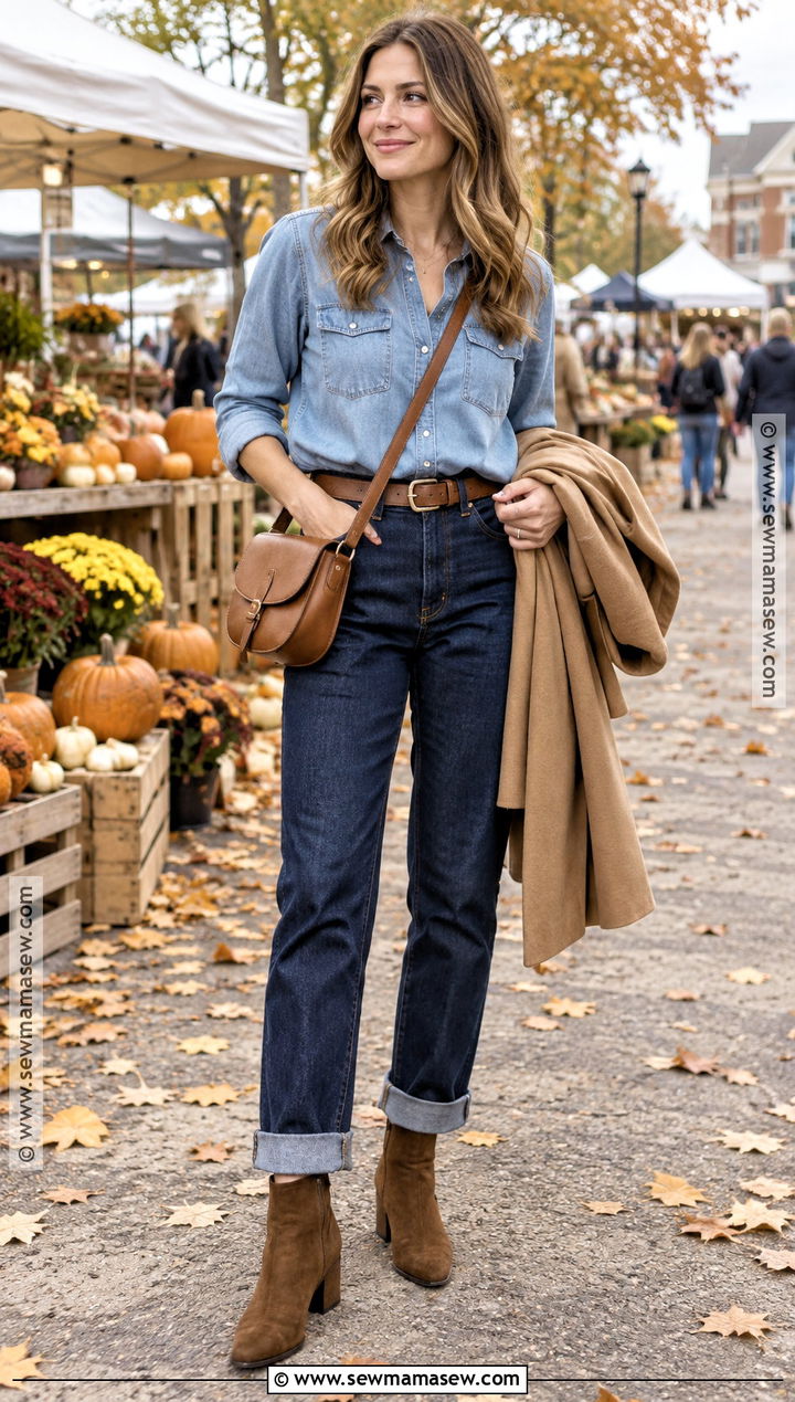 Cuffed Jeans With Denim Shirt And Suede Boots - 15 Cuffed Jeans Outfit Fall 2026