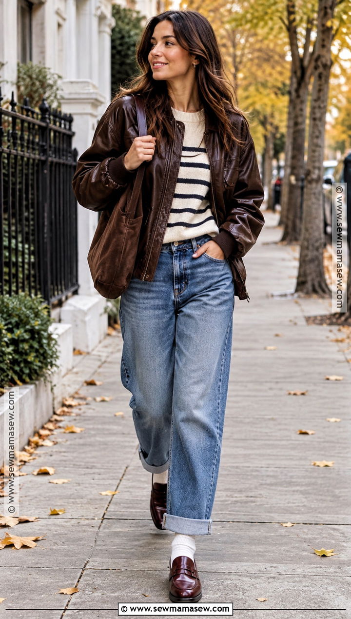 Cuffed Jeans With Leather Bomber Jacket - 25 autumn jeans outfits