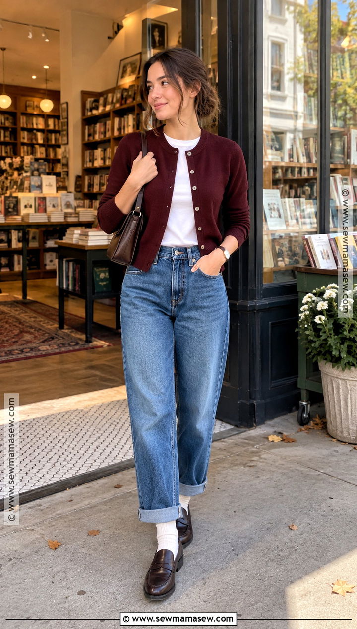 Cuffed Jeans With Loafers and a Cardigan - 20 fall denim ideas