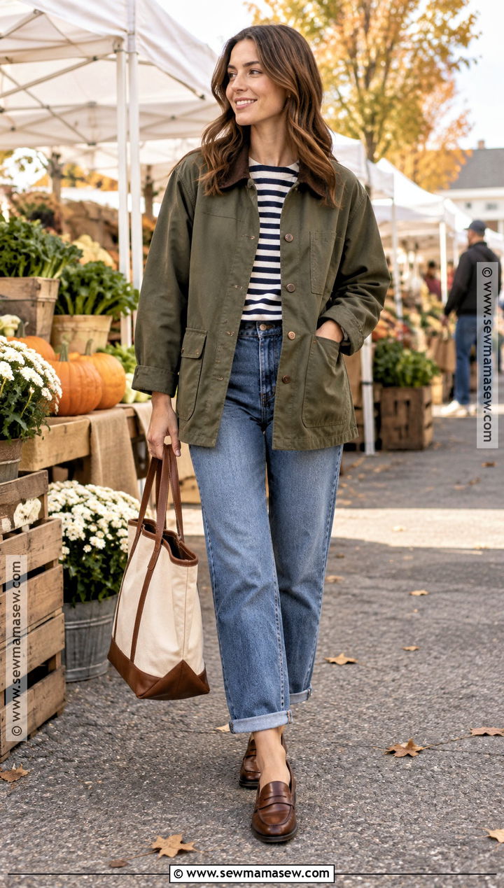 Cuffed Jeans With Striped Shirt And Barn Jacket - 25 fall outfit jeans