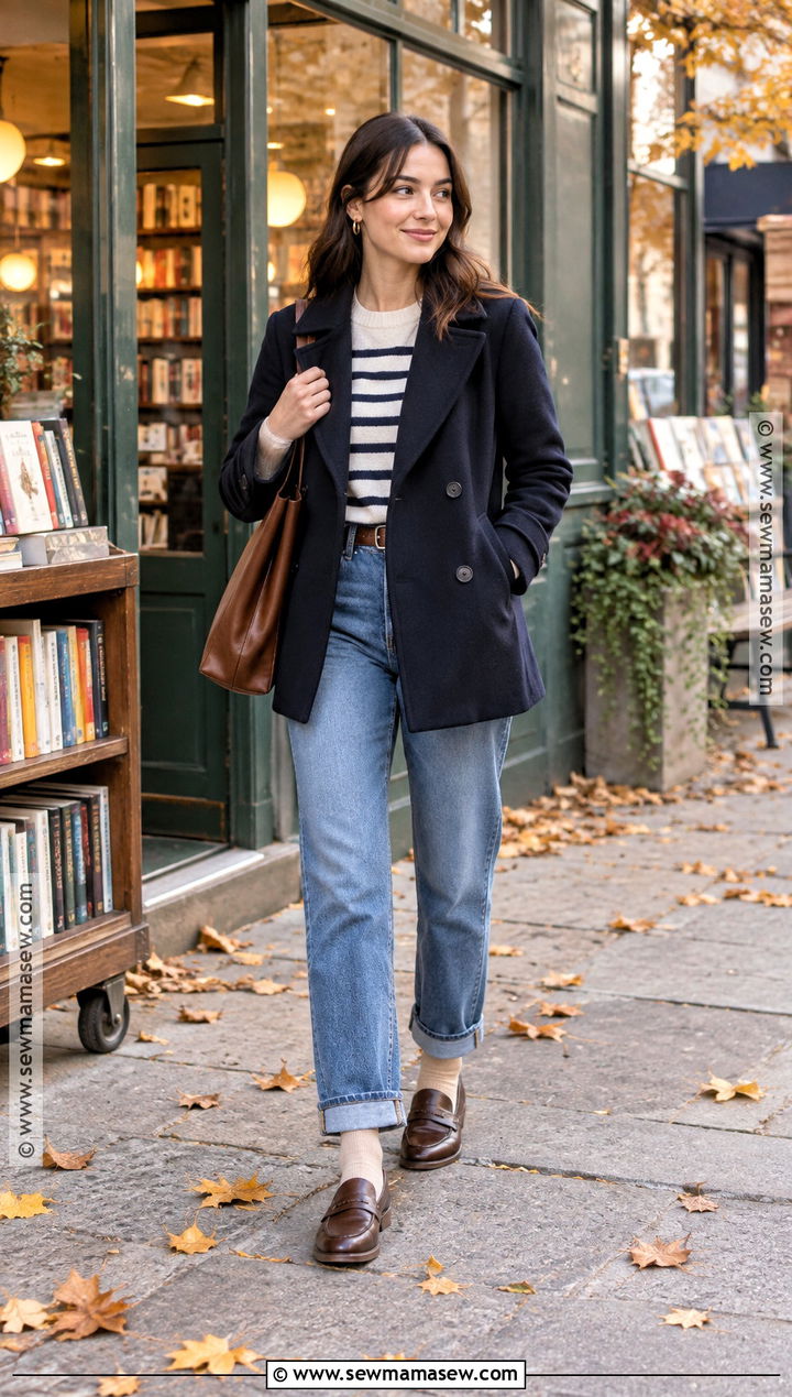 Cuffed Jeans With Striped Sweater - 15 cute fall jeans outfits