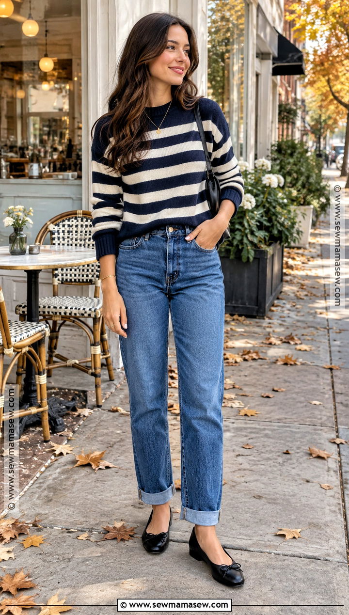 Cuffed Jeans With Striped Sweater And Ballet Flats - 15 Comfy Jeans Outfit Fall