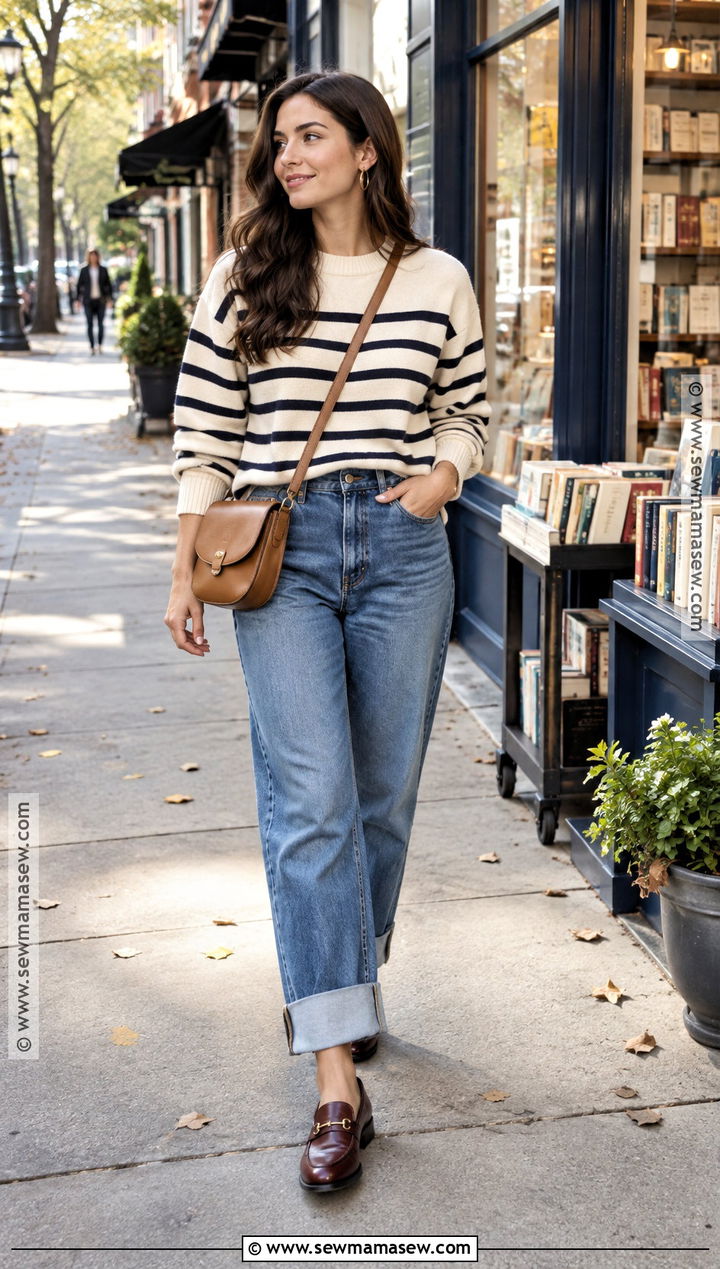 Cuffed Jeans With Striped Sweater - 15 cute fall jeans
