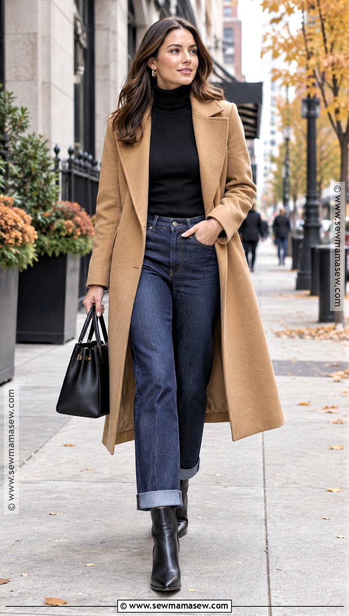 Cuffed Jeans With Turtleneck And Long Coat - 15 Cuffed Jeans Outfit Fall 2026