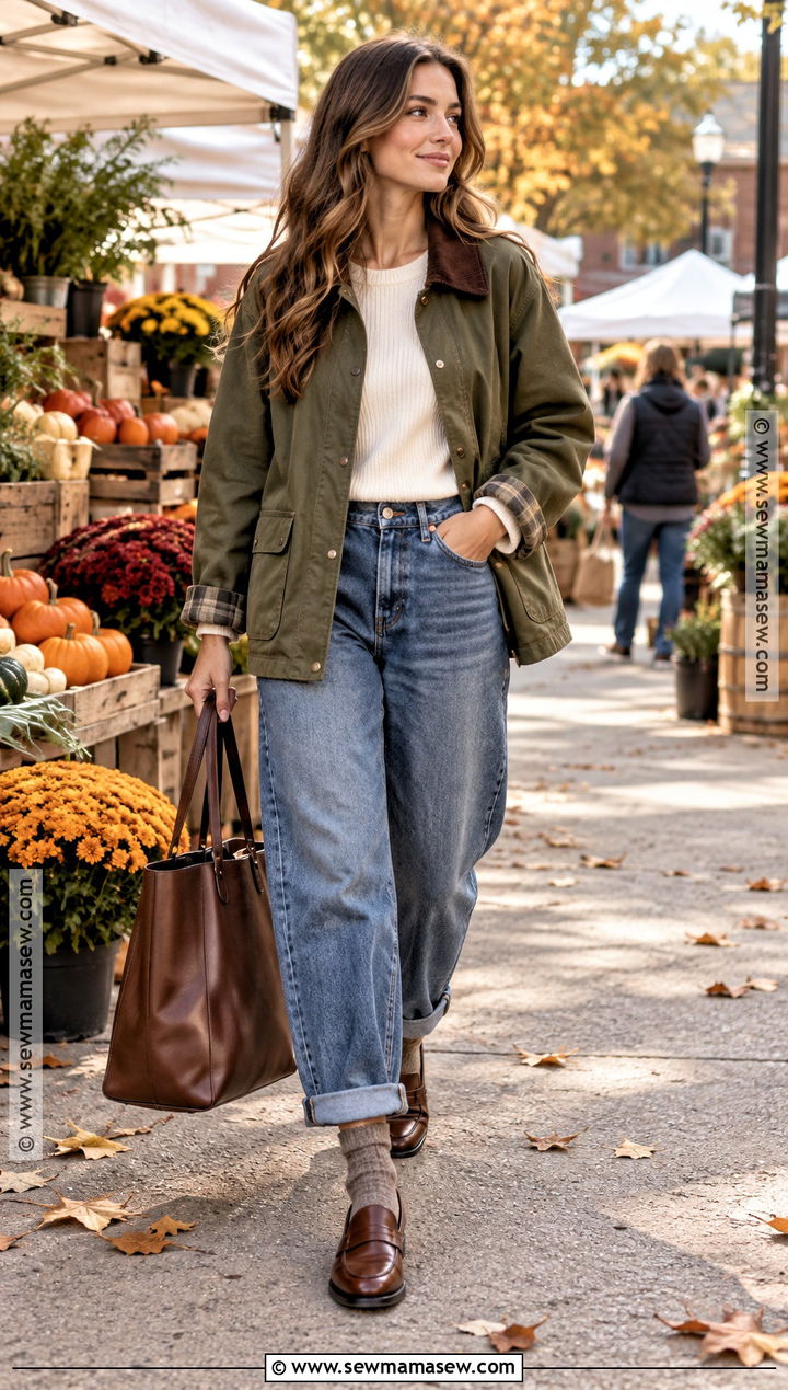 Cuffed Jeans With a Barn Jacket and Loafers - 20 Cuffed Jeans Outfit Fall