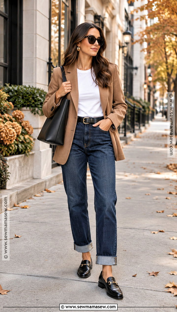 Cuffed Jeans With a Blazer and Loafers - 20 Cuffed Jeans Outfit Fall