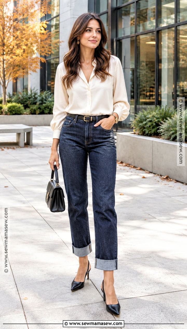 Cuffed Jeans With a Blouse and Slingback Heels - 20 Cuffed Jeans Outfit Fall