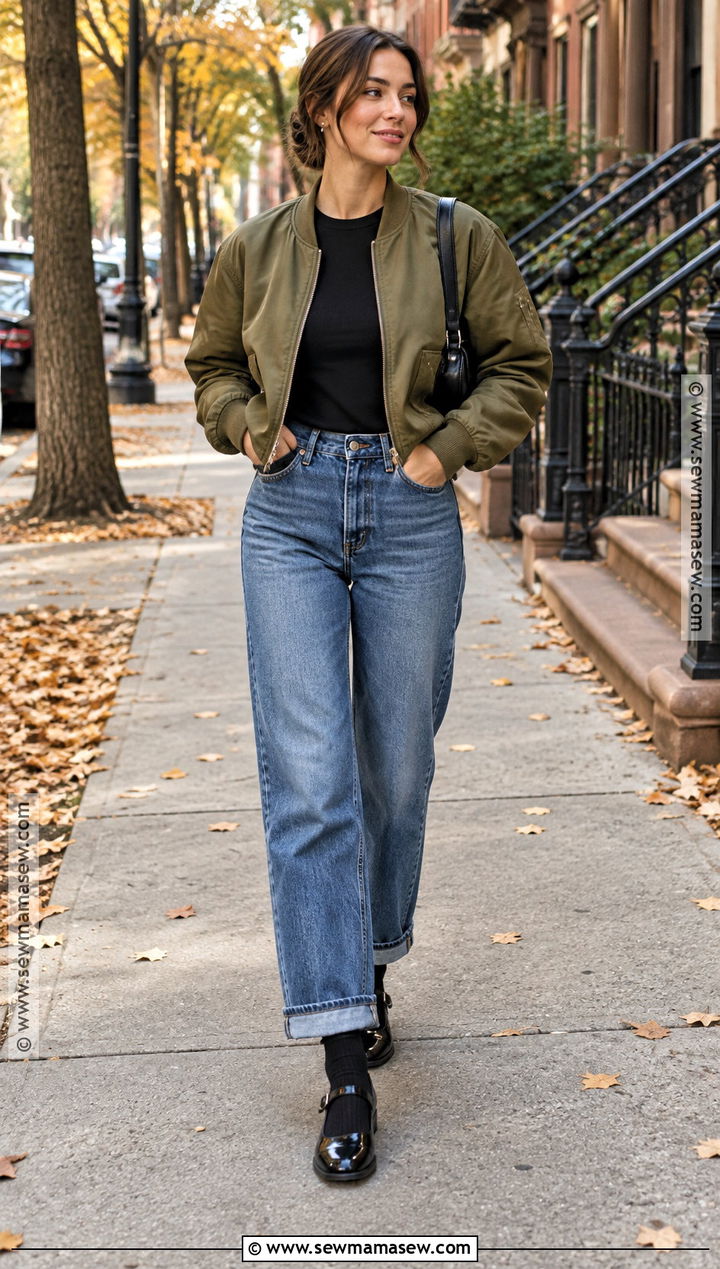 Cuffed Jeans With a Bomber Jacket and Mary Janes - 20 Cuffed Jeans Outfit Fall