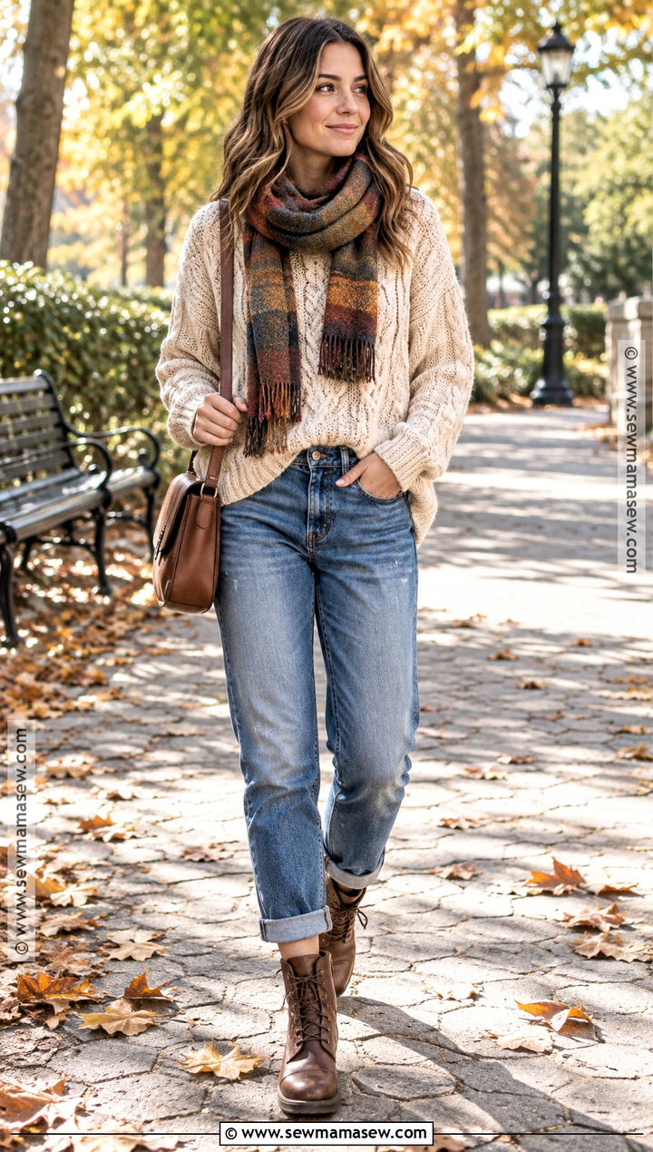 Cuffed Jeans With a Cable Knit Sweater and Boots - 20 Cuffed Jeans Outfit Fall