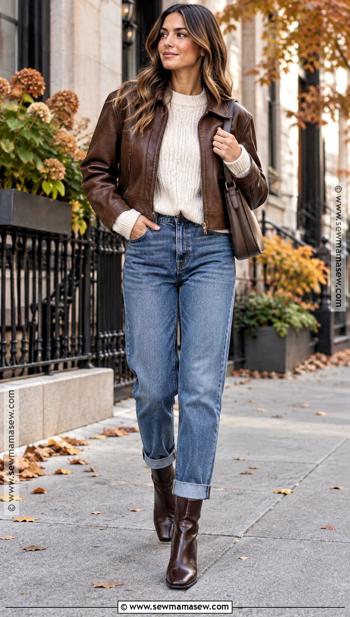 Cuffed Jeans With a Leather Jacket and Ankle Boots - 20 Cuffed Jeans Outfit Fall