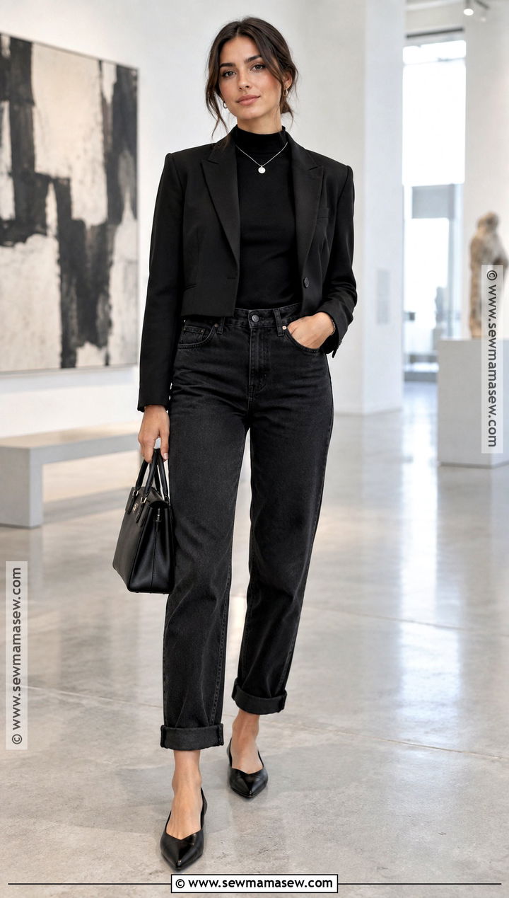 Cuffed Jeans With a Monochrome Black Outfit - 20 Cuffed Jeans Outfit Fall