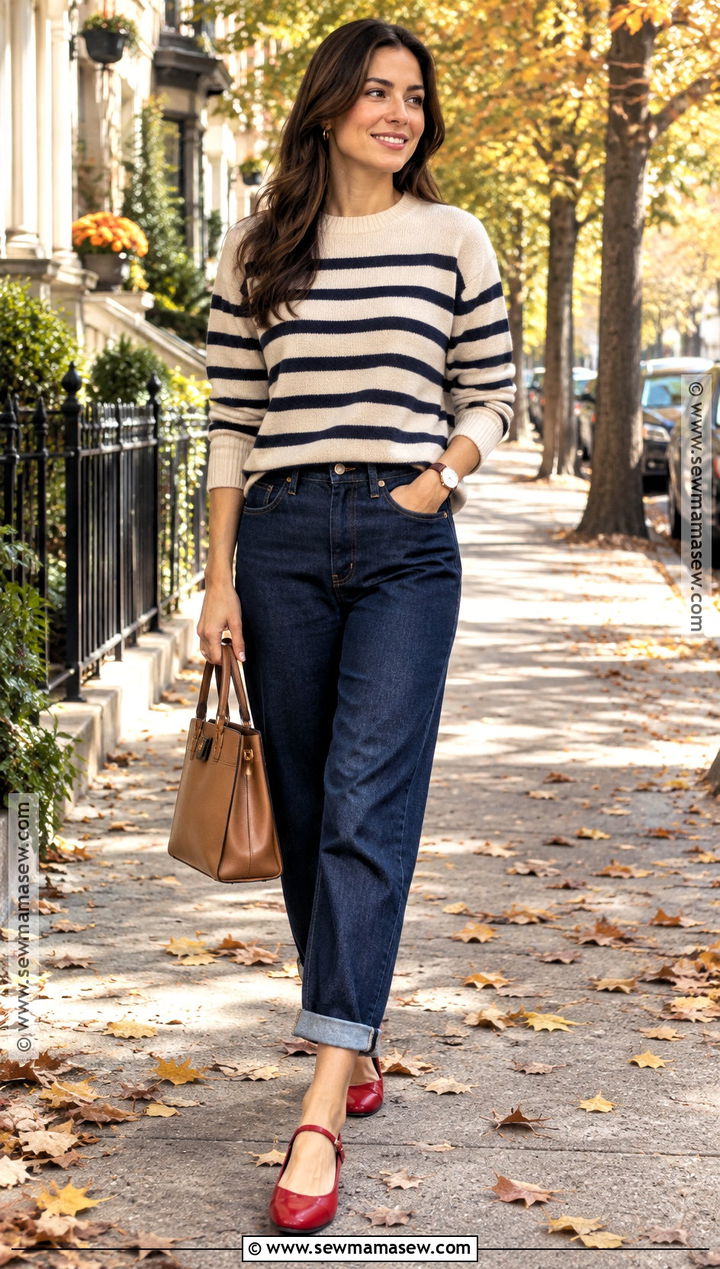 Cuffed Jeans With a Striped Sweater and Red Flats - 20 Cuffed Jeans Outfit Fall
