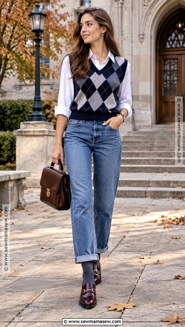 Cuffed Jeans With a Sweater Vest and Loafers - 20 Cuffed Jeans Outfit Fall