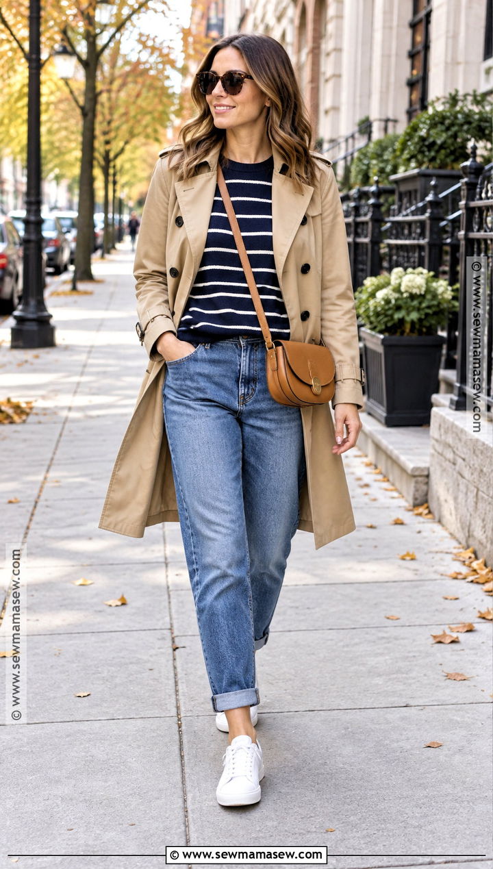 Cuffed Jeans With a Trench Coat and Sneakers - 20 Cuffed Jeans Outfit Fall