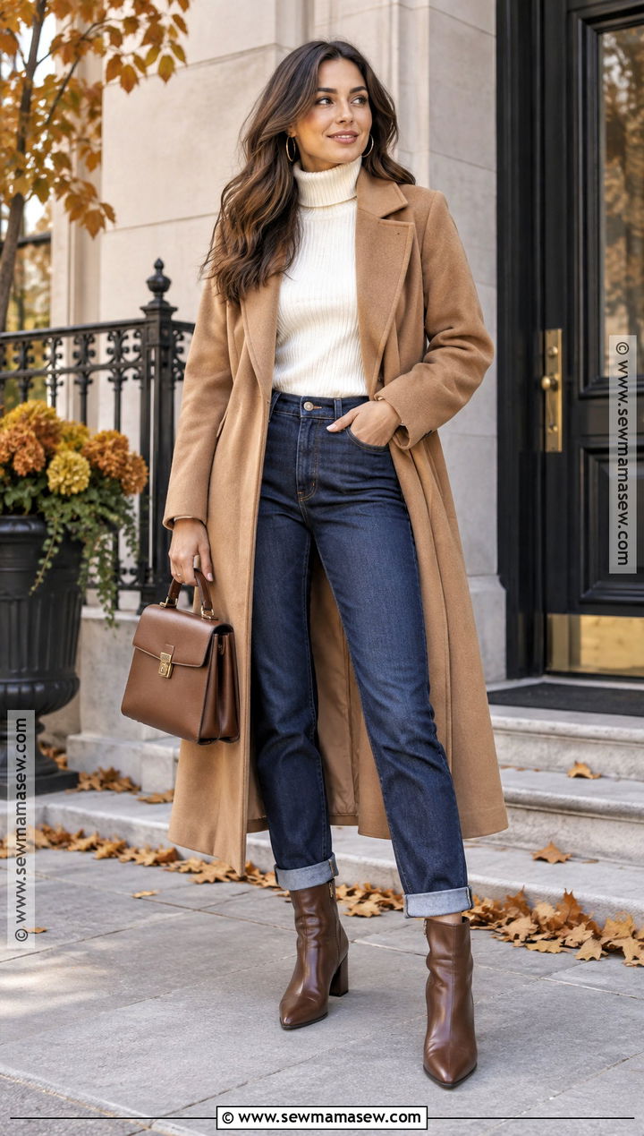 Cuffed Jeans With a Turtleneck and Long Coat - 20 Cuffed Jeans Outfit Fall