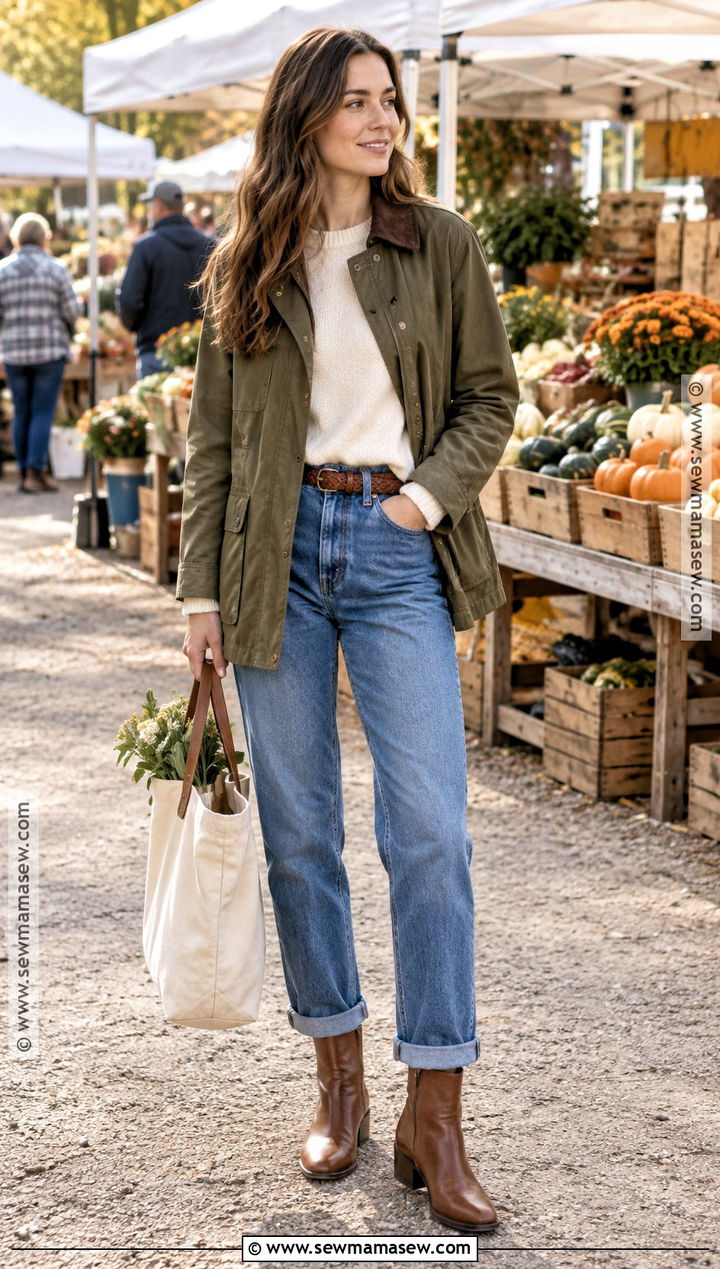 Cuffed Straight Leg Jeans With a Barn Jacket - 20 straight leg jeans outfits fall