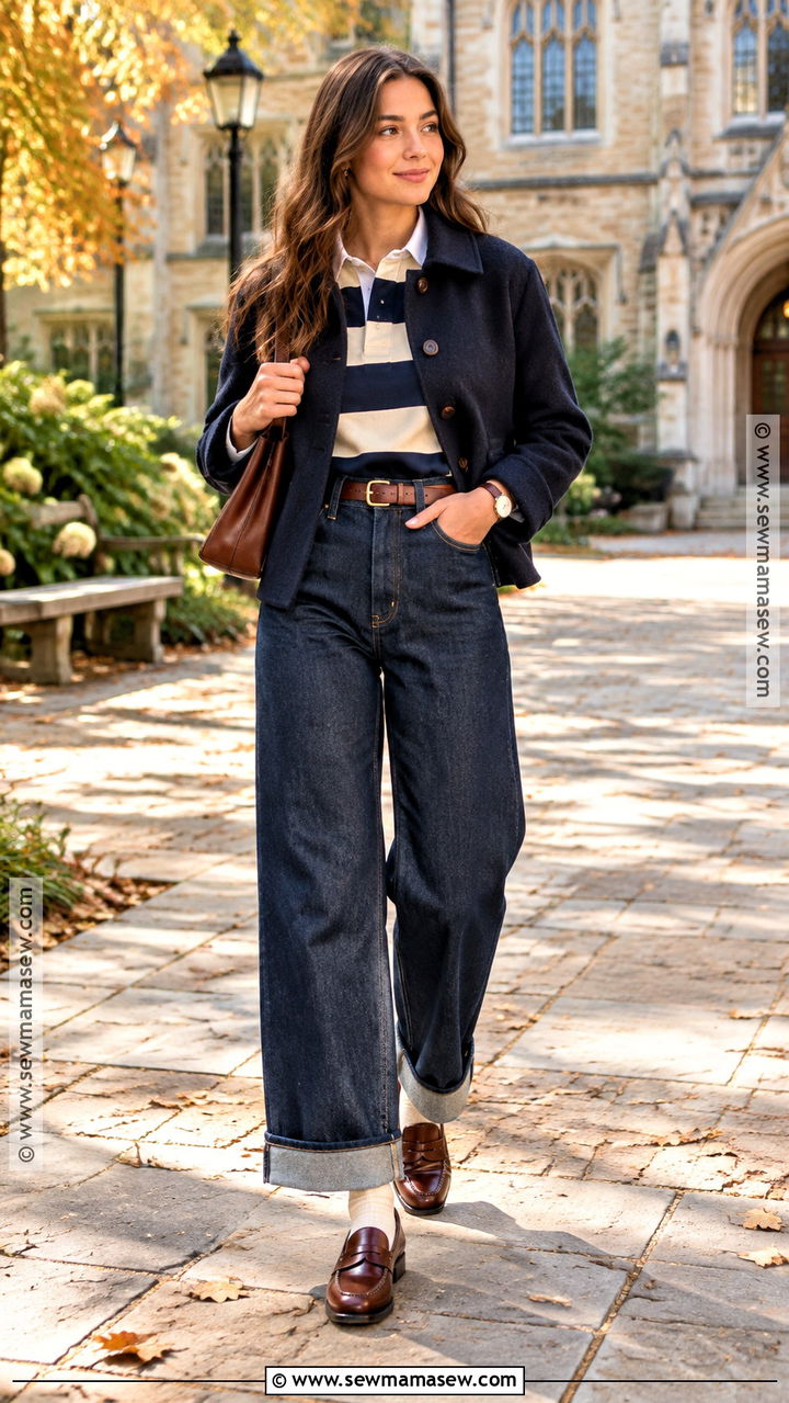 Cuffed Wide Leg Jeans With Rugby Shirt And Loafers - 20 wide jeans outfit fall