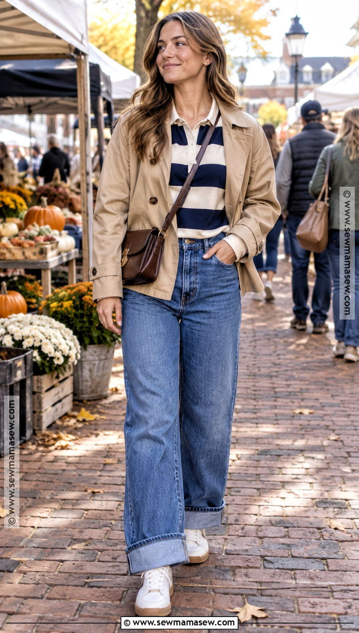 Cuffed Wide Leg Jeans With Rugby Shirt And Sneakers - 20 wide leg jeans fall outfit