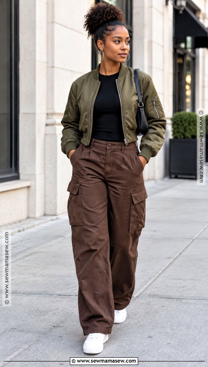 Curly Hair Bomber Jacket and Cargo Pants Fall Outfit - 20 Curly Hair Fall Outfits