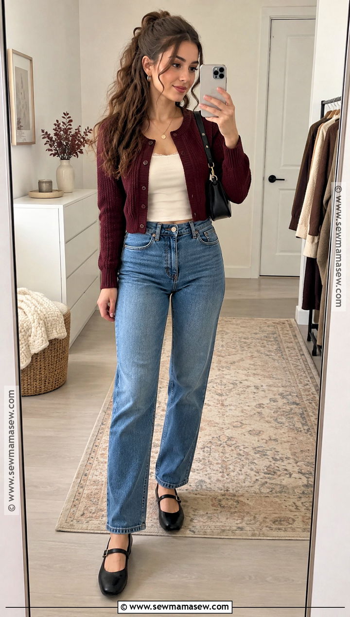 Curly Hair Cropped Cardigan and Jeans Fall Outfit - 20 Curly Hair Fall Outfits