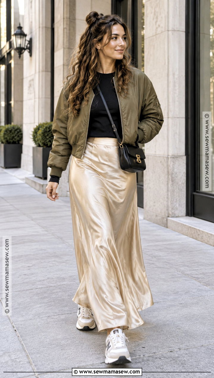 Curly Hair Fall Outfit With Bomber Jacket and Maxi Skirt - 20 Curly Hair Outfits Fall