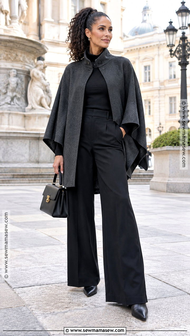Curly Hair Fall Outfit With Cape and Wide Leg Pants - 20 Curly Hair Outfits Fall