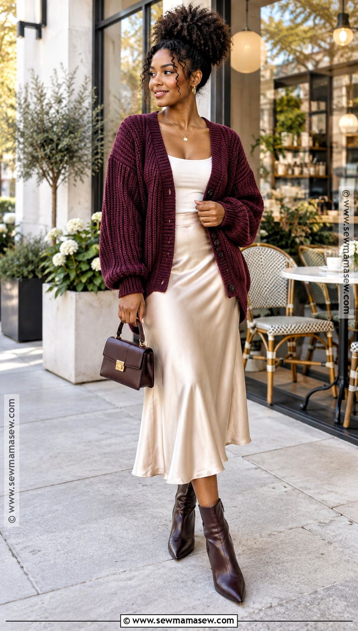 Curly Hair Fall Outfit With Cardigan and Satin Skirt - 20 Curly Hair Outfits Fall