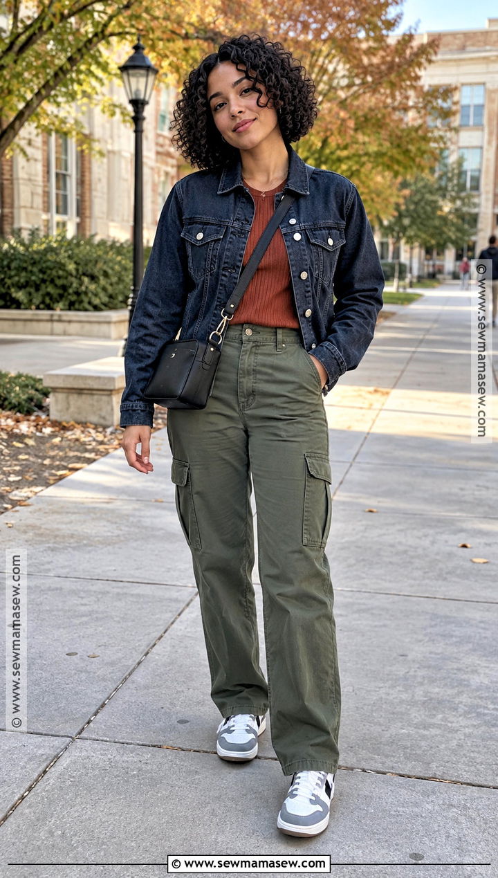 Curly Hair Fall Outfit With Denim Jacket and Cargo Pants - 20 Curly Hair Outfits Fall